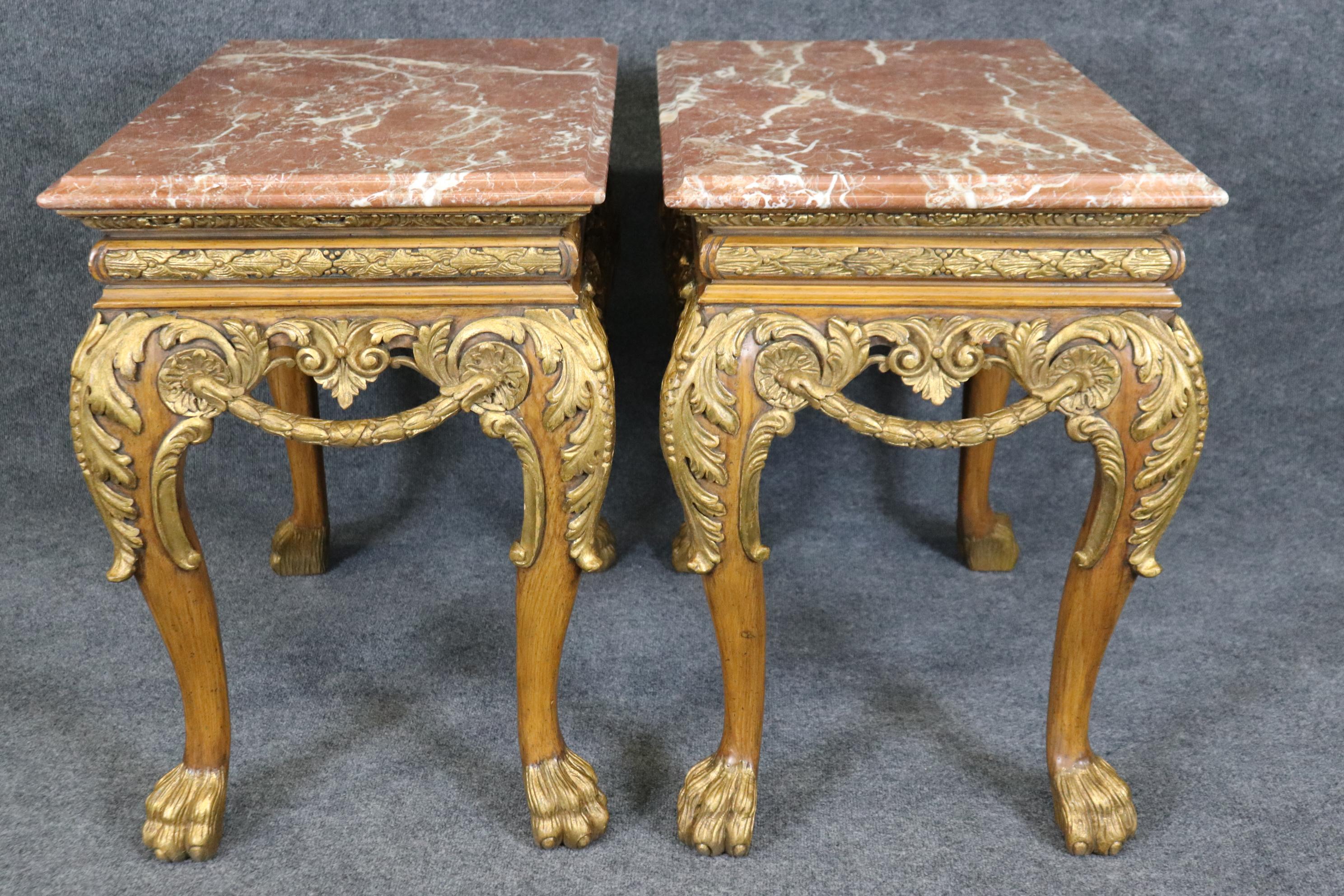 Griotte Marble Pair Georgian Style Maitland Smith Quality Gilded Walnut Marble Top end tables