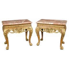 Pair Georgian Style Maitland Smith Quality Gilded Walnut Marble Top end tables