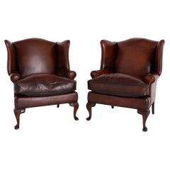 Pair Georgian Wing Chairs Leather Armchairs