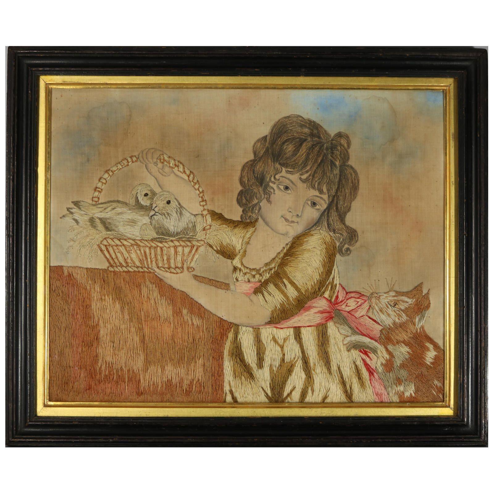 Paire de tableaux brodés en laine géorgienne représentant des jeunes filles avec leurs animaux de compagnie. Tous deux sont travaillés en fils de laine sur un fond de soie, dans une variété de points. Les têtes et les bras des filles sont dessinés