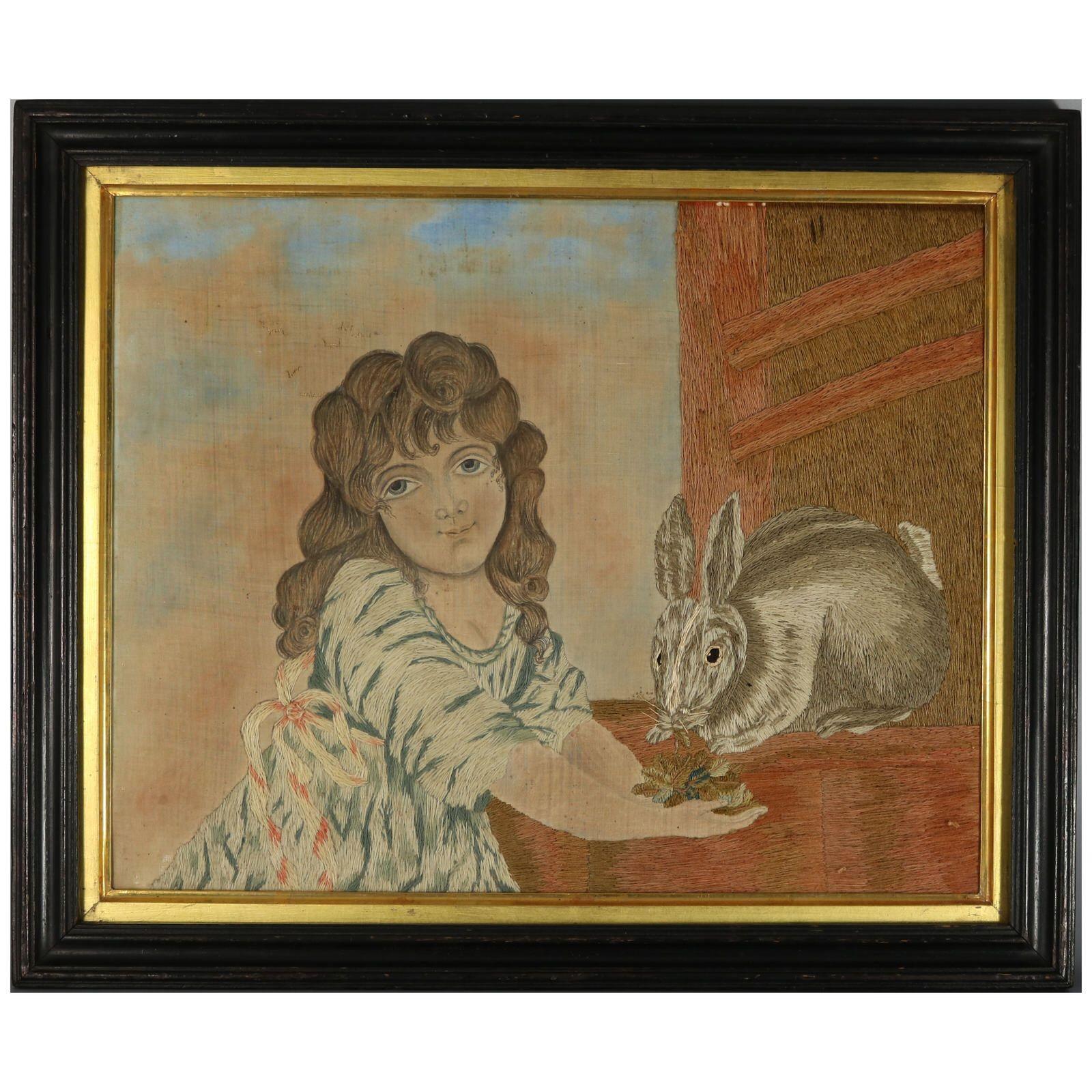 Paire de tableaux géorgiens brodés en laine représentant des filles avec des animaux Bon état - En vente à Chelmsford, Essex