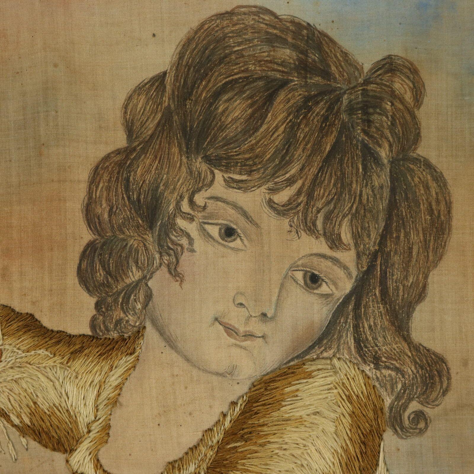 Début du XIXe siècle Paire de tableaux géorgiens brodés en laine représentant des filles avec des animaux en vente