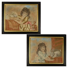 Pair Georgian Woolwork Embroidered Pictures of Girls with Pets