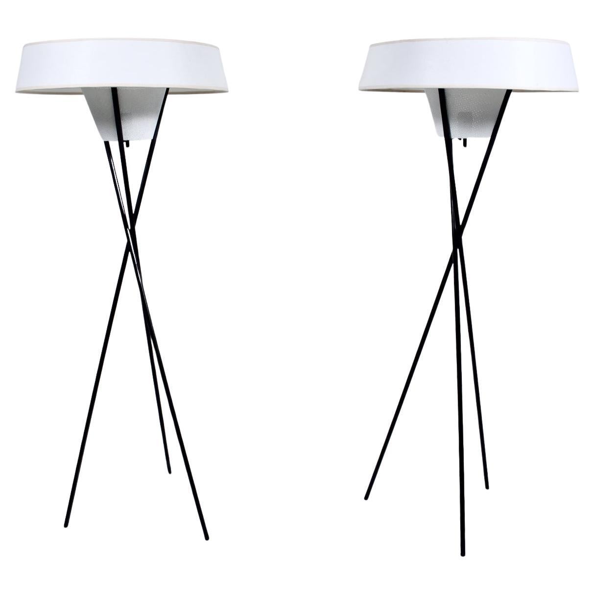 Pair Gerald Thurston Black Tripod Floor Lamps with White Shades, 1950's For Sale