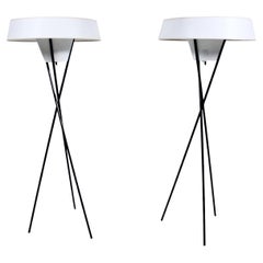 Pair Gerald Thurston Black Tripod Floor Lamps with White Shades, 1950's