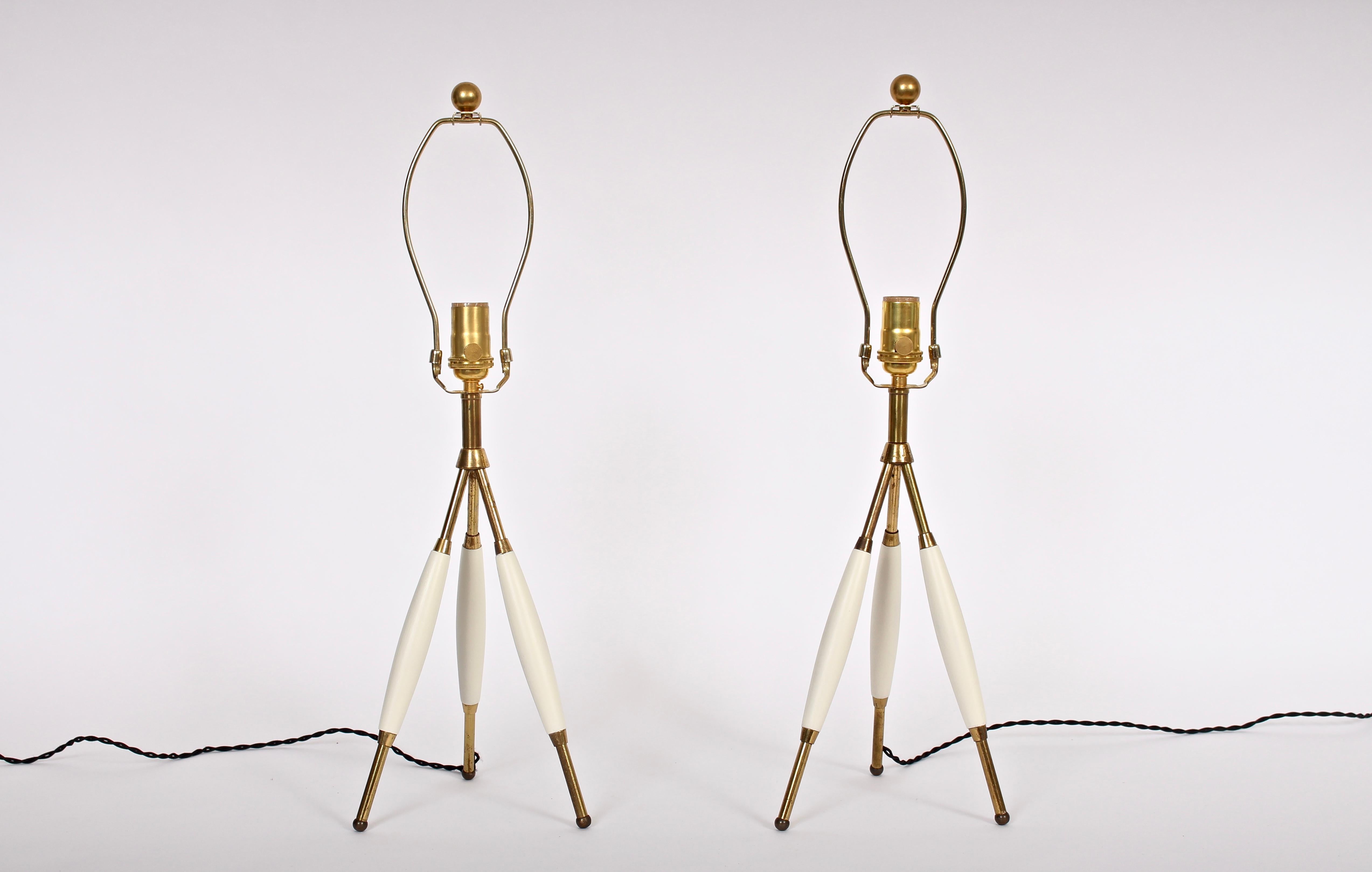 Gerald Thurston for Lightolier Brass & Off-White Tripod Table Lamps, 1950s, Pair 2
