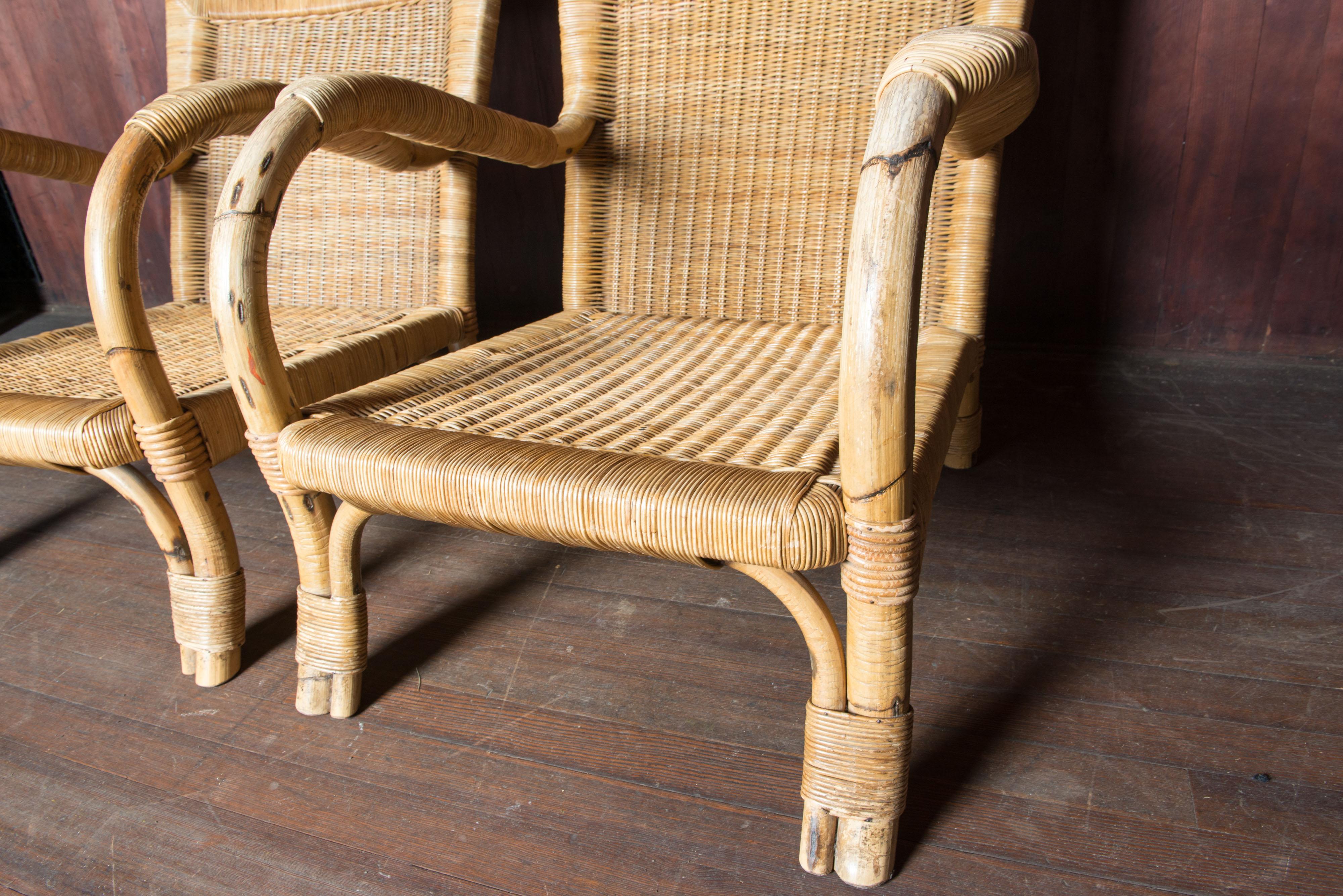 Pair German Arco Rattan Arm Chairs For Sale 4