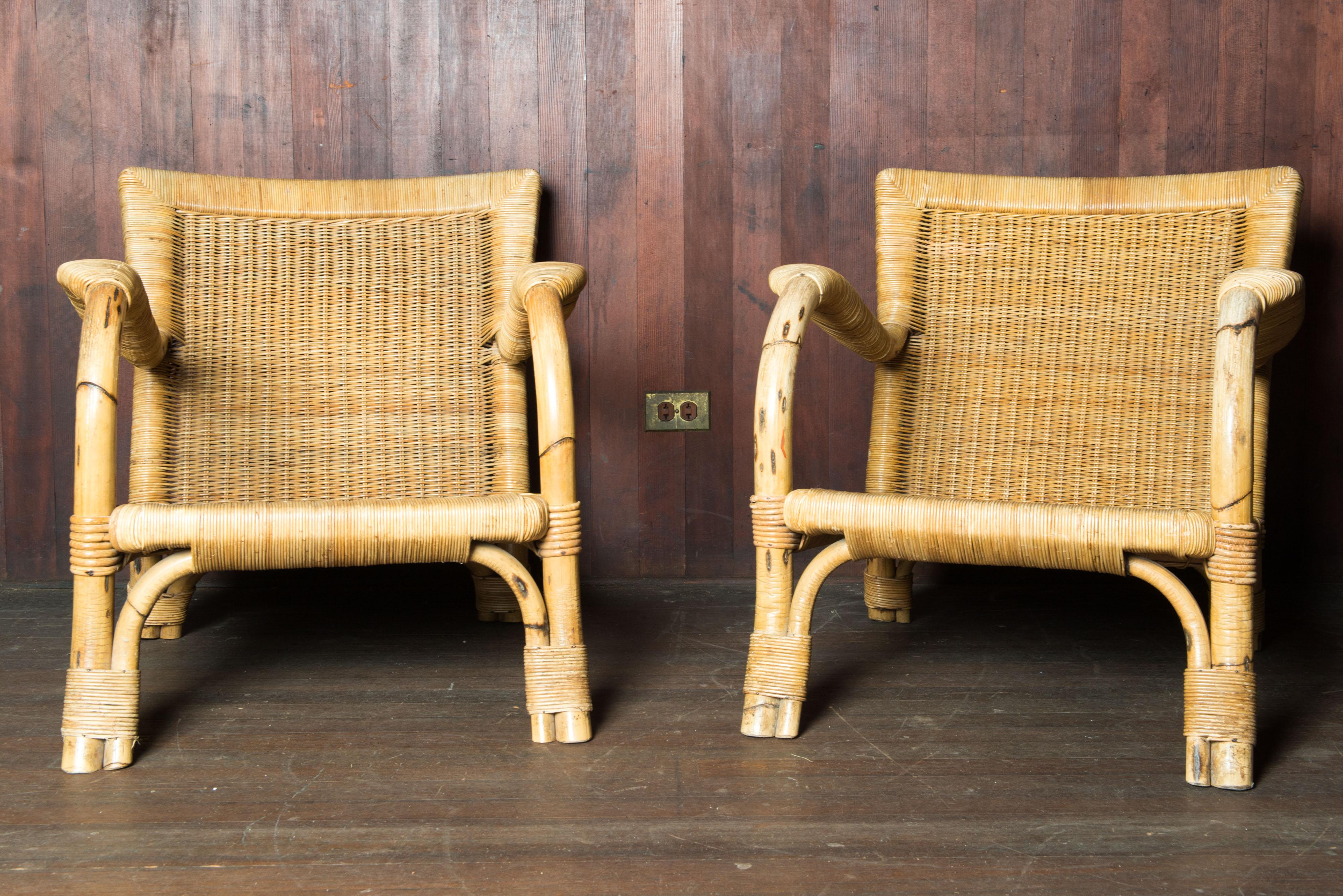 Mid-Century Modern Pair German Arco Rattan Arm Chairs For Sale