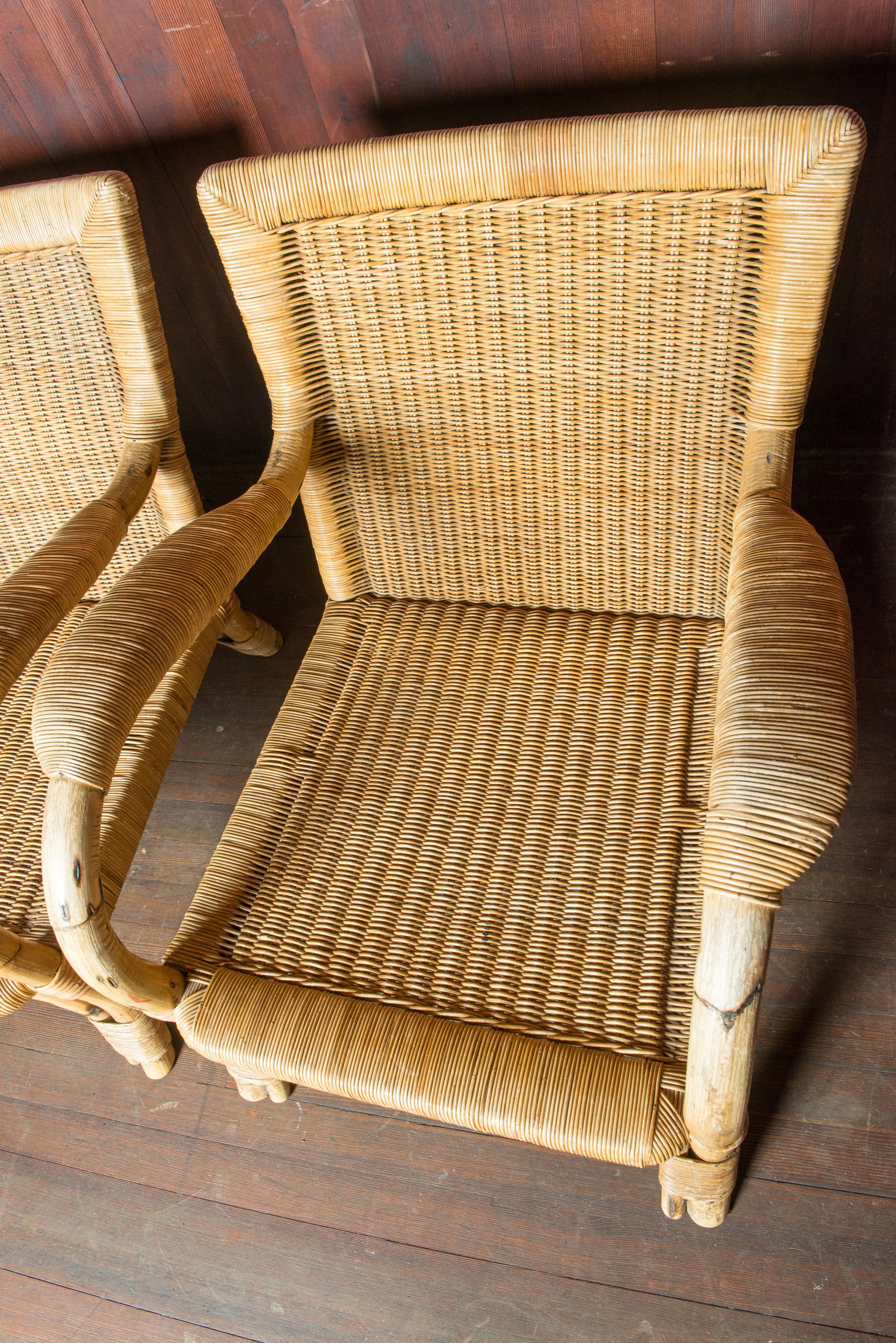 Woven Pair German Arco Rattan Arm Chairs For Sale