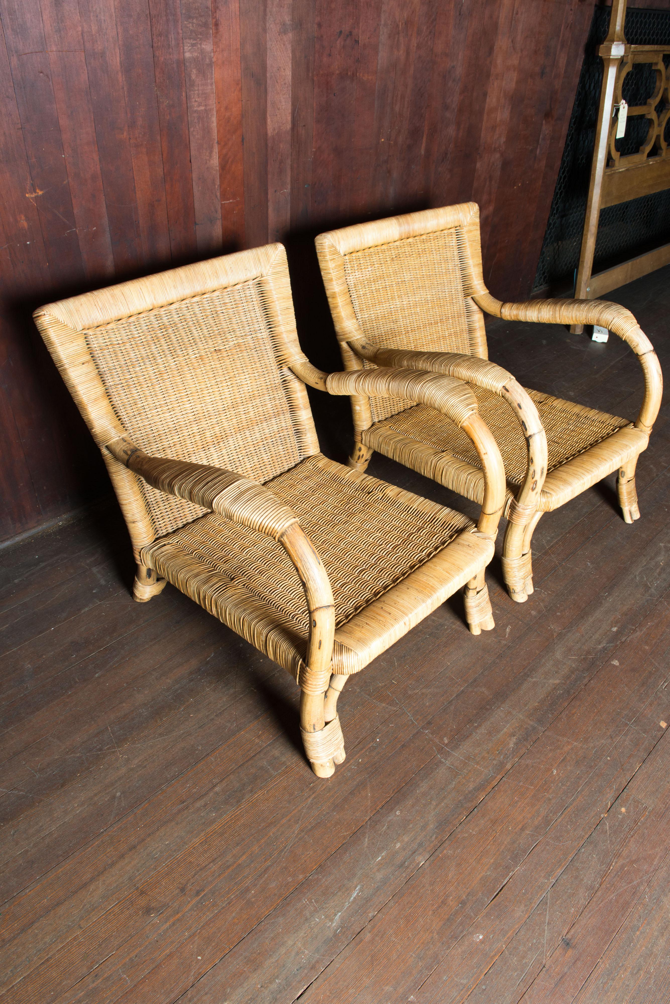 Late 20th Century Pair German Arco Rattan Arm Chairs For Sale