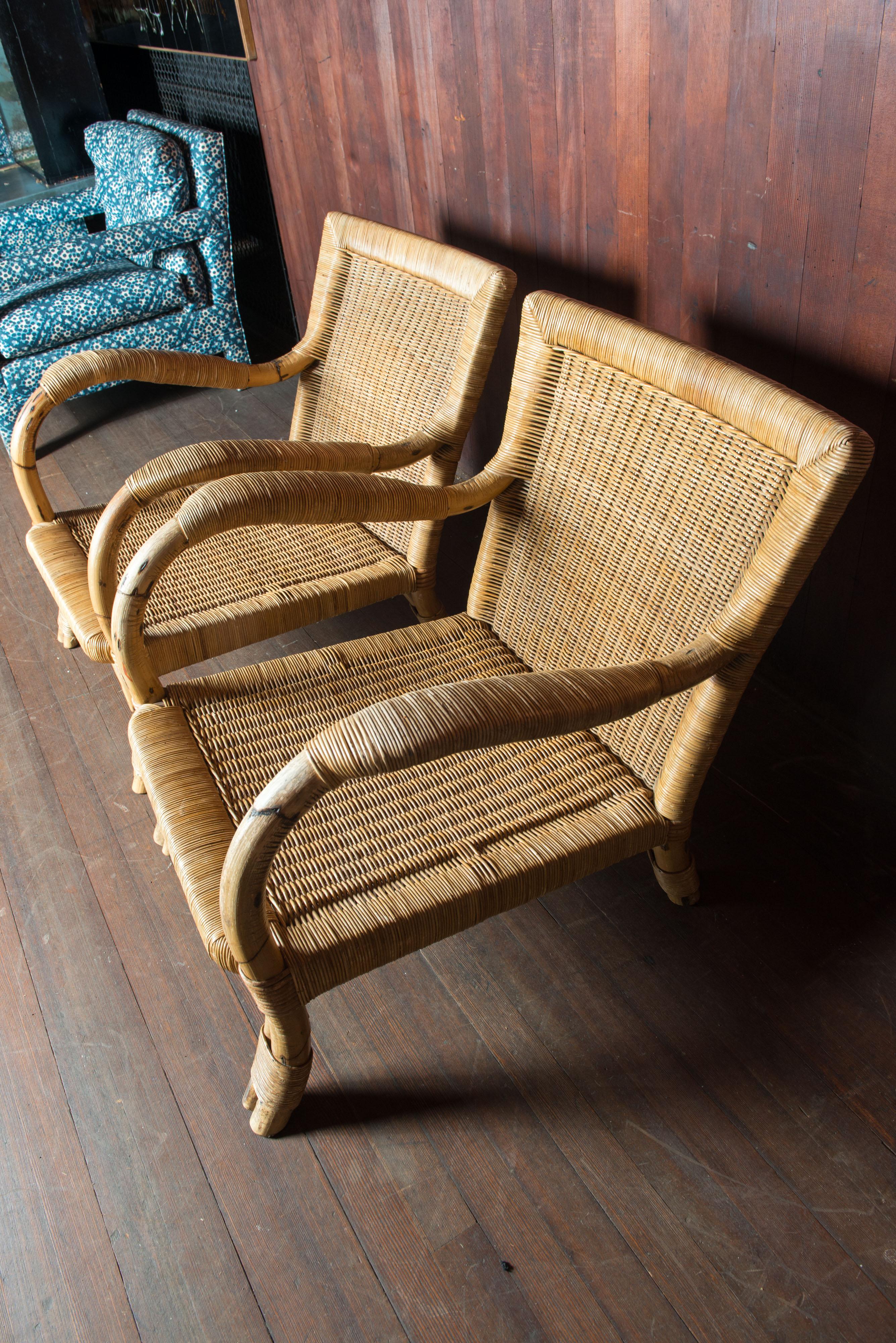 Bamboo Pair German Arco Rattan Arm Chairs For Sale