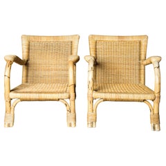 Pair German Arco Rattan Arm Chairs