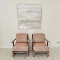 Pair German Art Deco Armchairs out of solid Oak and in Rosa Grey Fabric, 1920