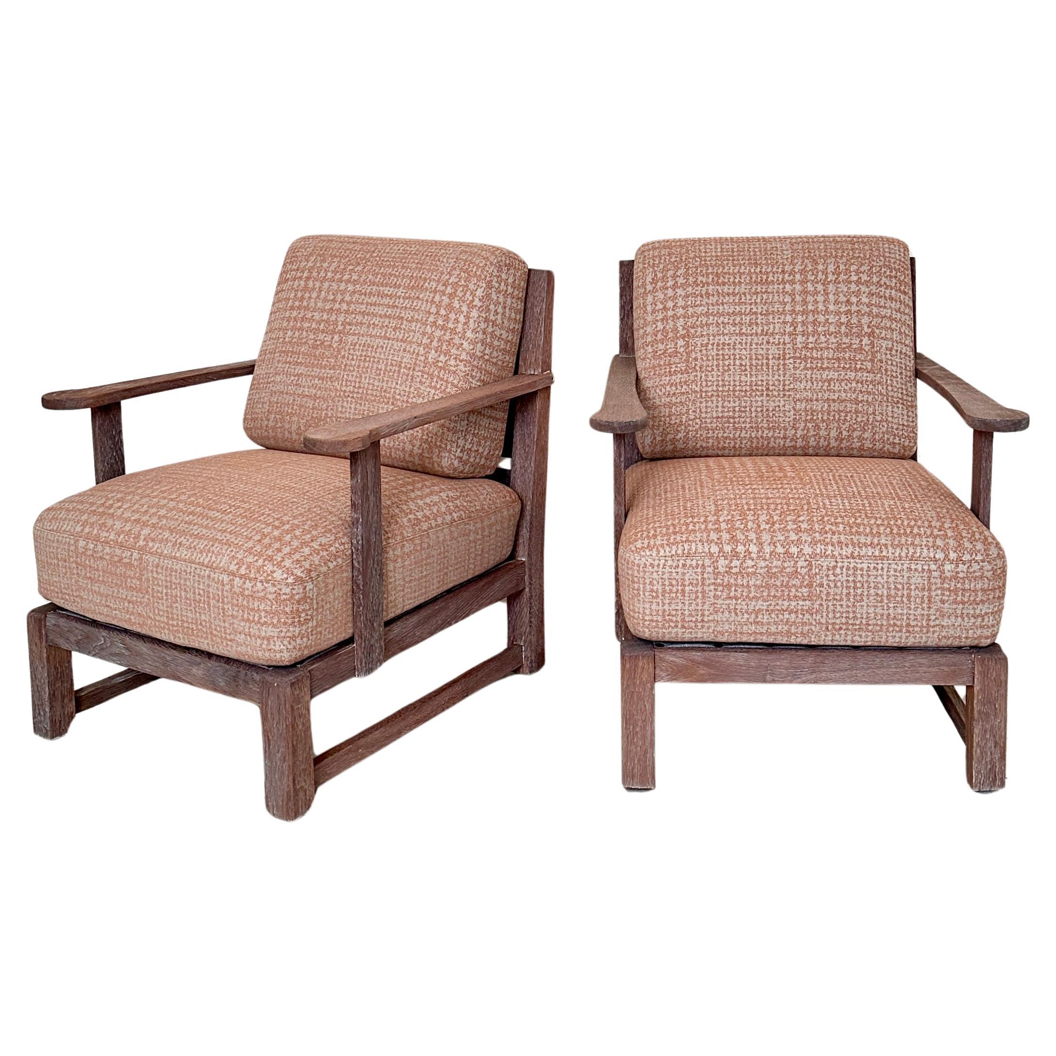 Pair German Art Deco Armchairs out of solid Oak and in Rosa Grey Fabric, 1920 For Sale