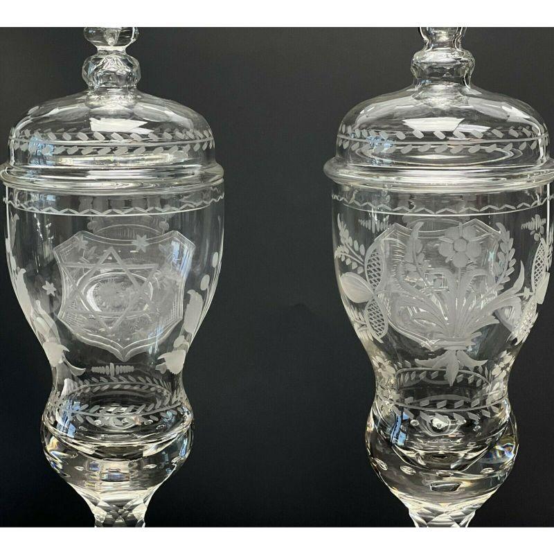 Pair German Cut & Engraved Glass Covered Pokals, 1st Half 20th Century In Good Condition In Gardena, CA