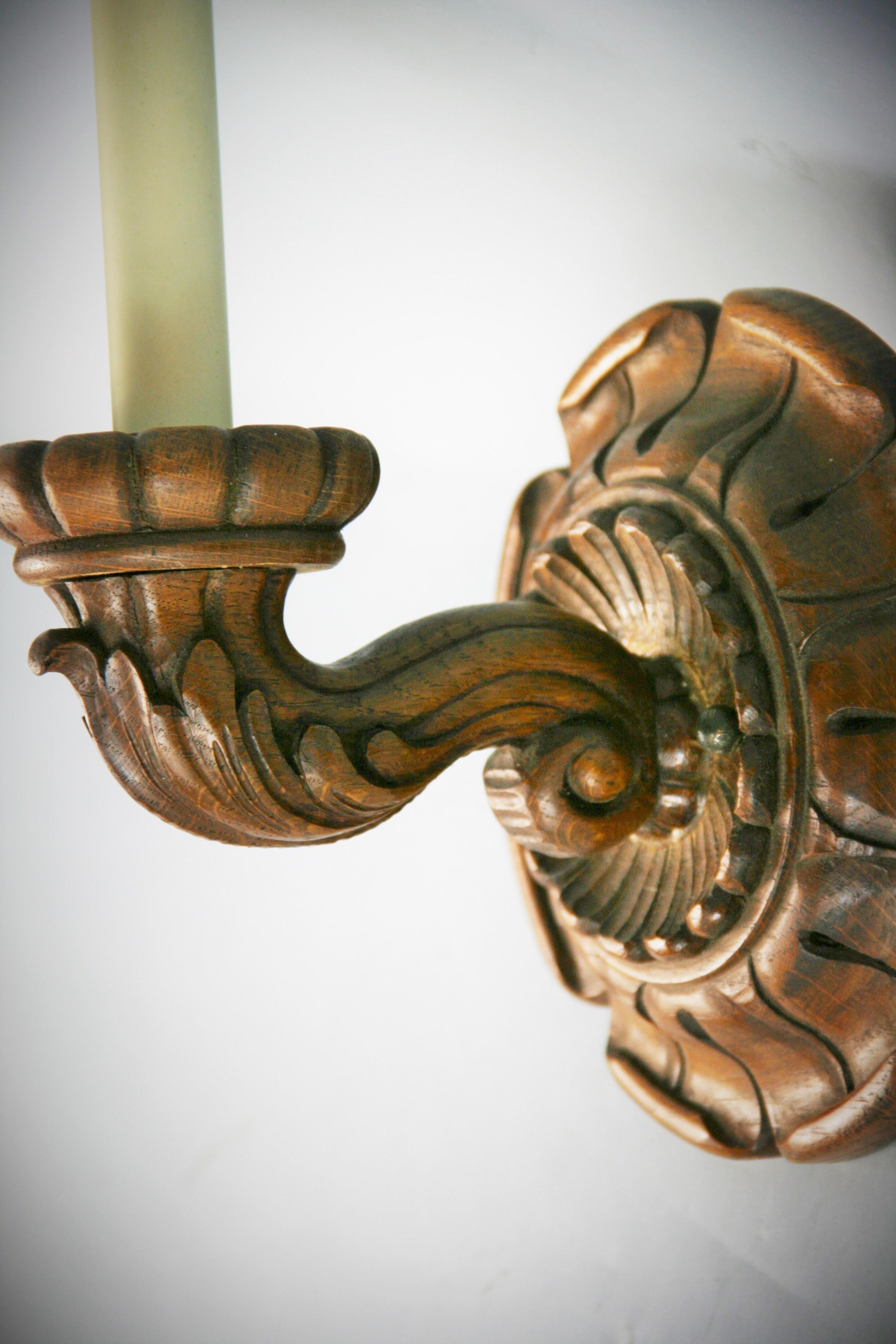Early 20th Century Pair Italian  Hand Carved Wood Sconces, 1920's