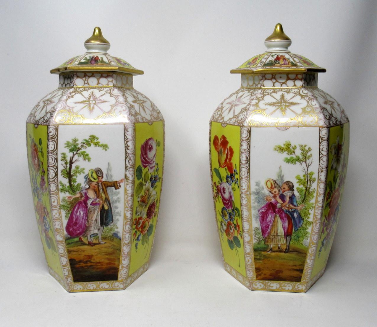 An exceptionally fine quality pair of hand painted Dresden stoneware vases and covers, of tapered in hexagonal outline, complete with their original firm fitting dome shaped covers with lobed gilt finials, last half of the 19th century.

Each hand