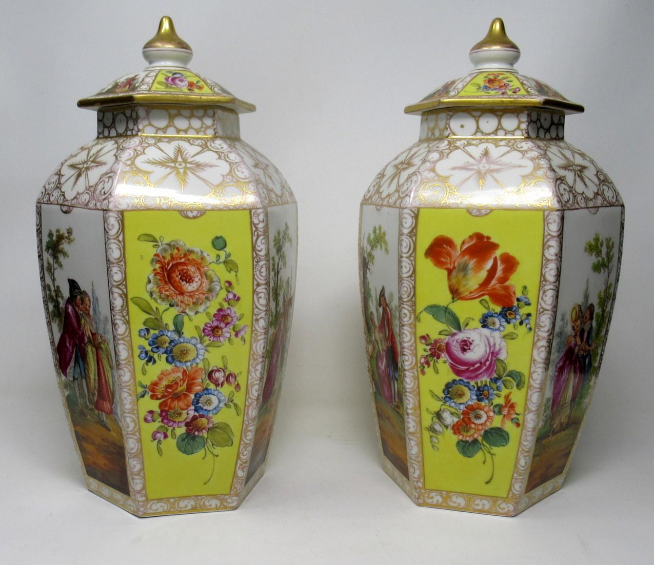 19th Century Pair of German Helena Wolfson Dresden Hand Painted Vases Yellow Floral