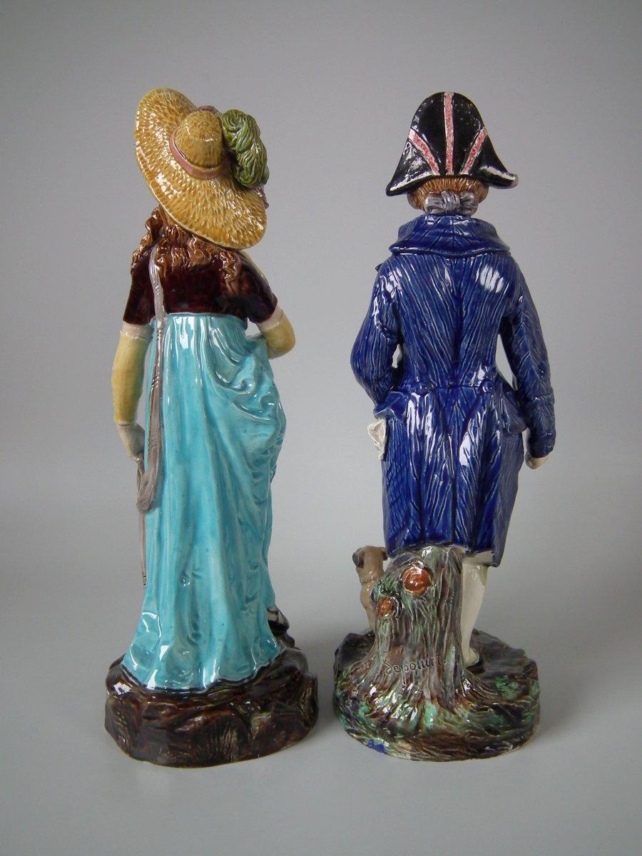 Victorian Pair of German Majolica Lady And Gent Figures For Sale