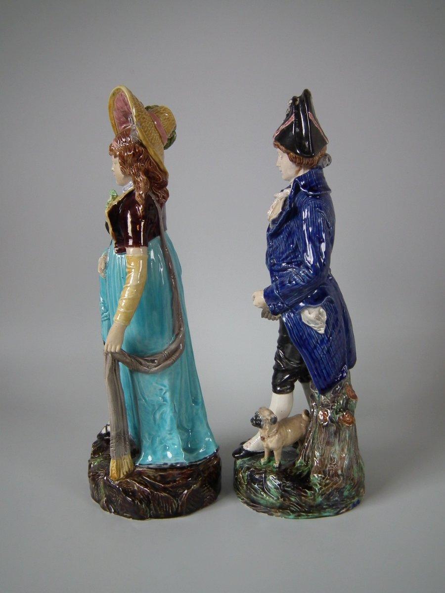 Glazed Pair of German Majolica Lady And Gent Figures For Sale