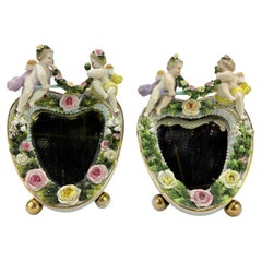 Pair, German Meissen Style Porcelain Table Top Mirrors with Floral Cherubs