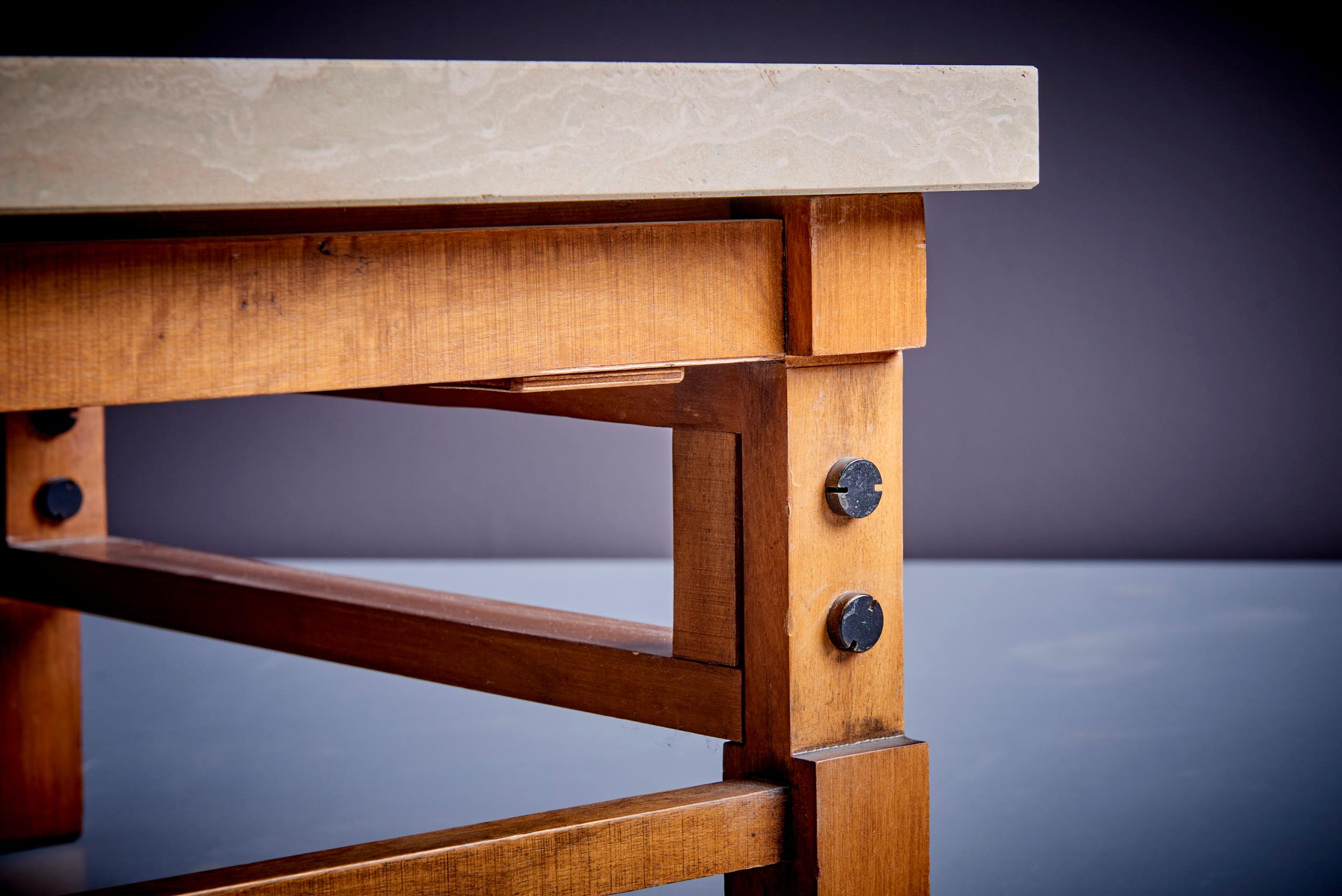 Italian Pair Gianfranco Frattini Side Tables with Travertine Top For Sale