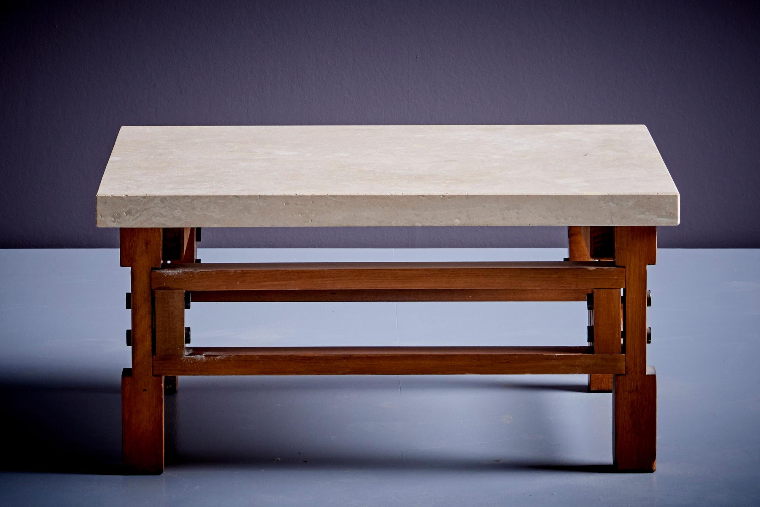Pair Gianfranco Frattini Side Tables with Travertine Top For Sale 1