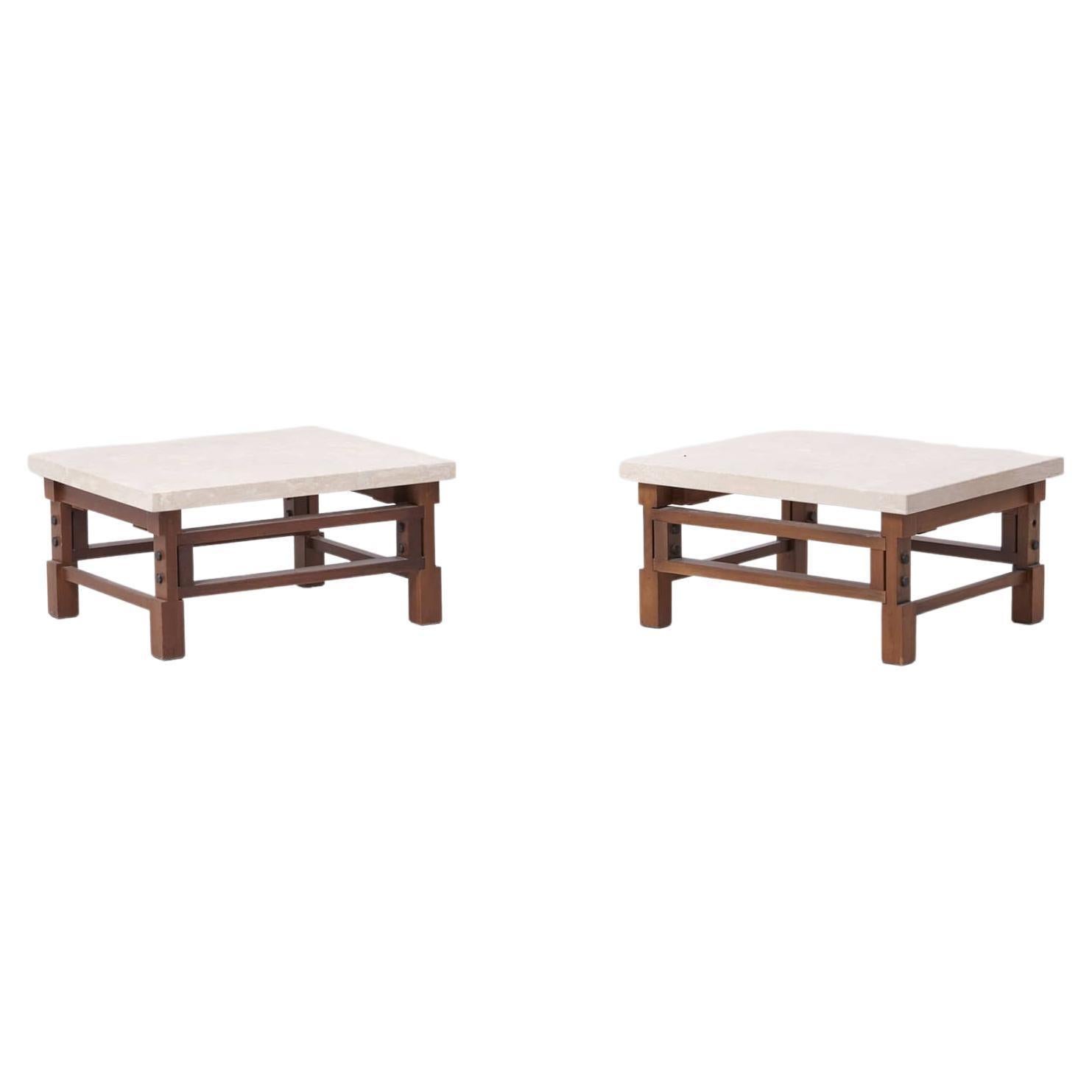 Pair Gianfranco Frattini Side Tables with Travertine Top For Sale