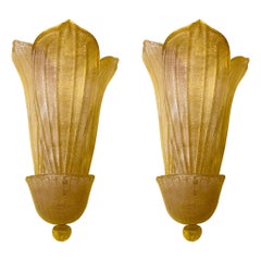 Paire d'appliques géantes Barovier &Toso Foglia d'Oro Murano, Italie, années 1980