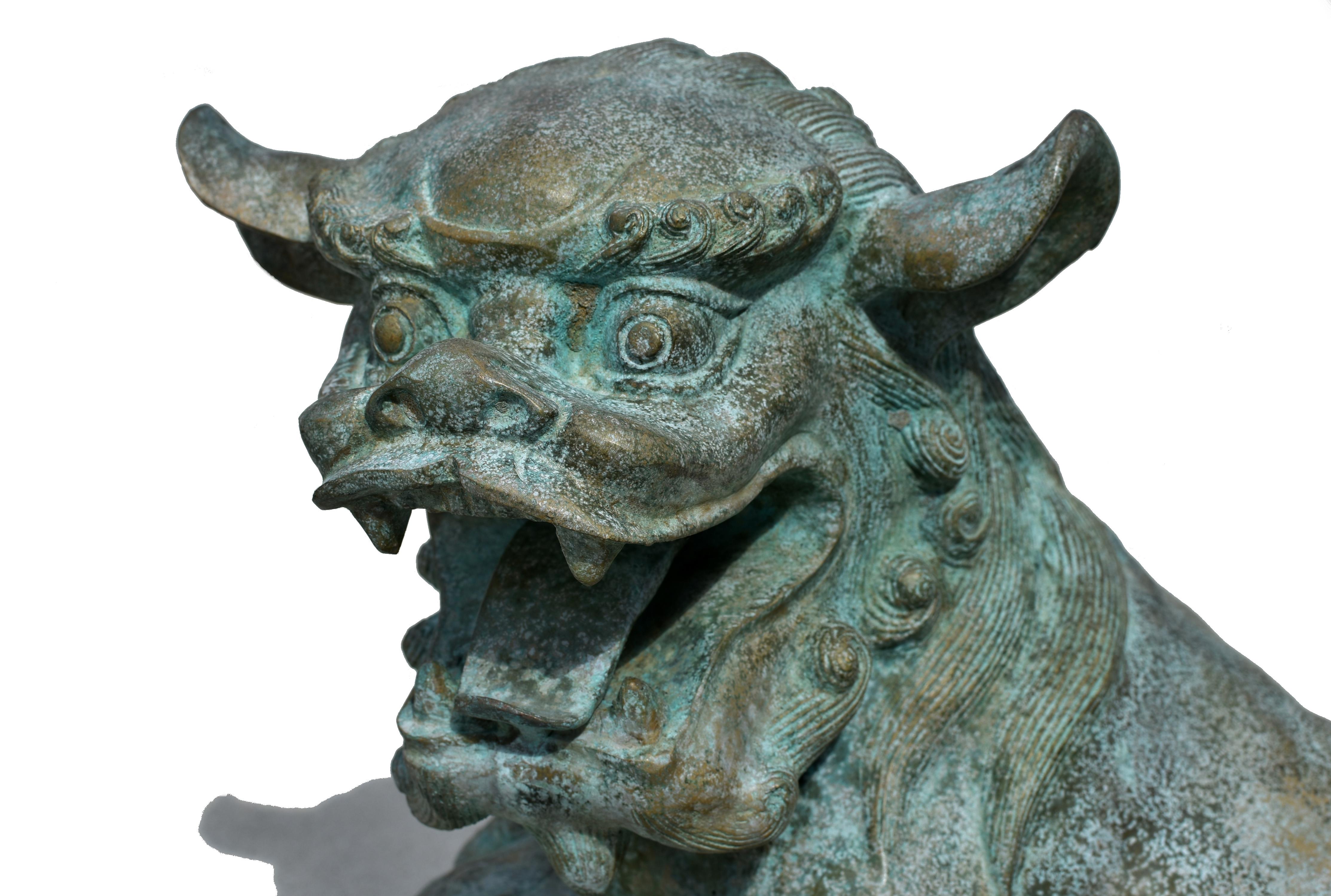 Pair Giant Bronze Foo Dogs Lions 63 Lb For Sale 2