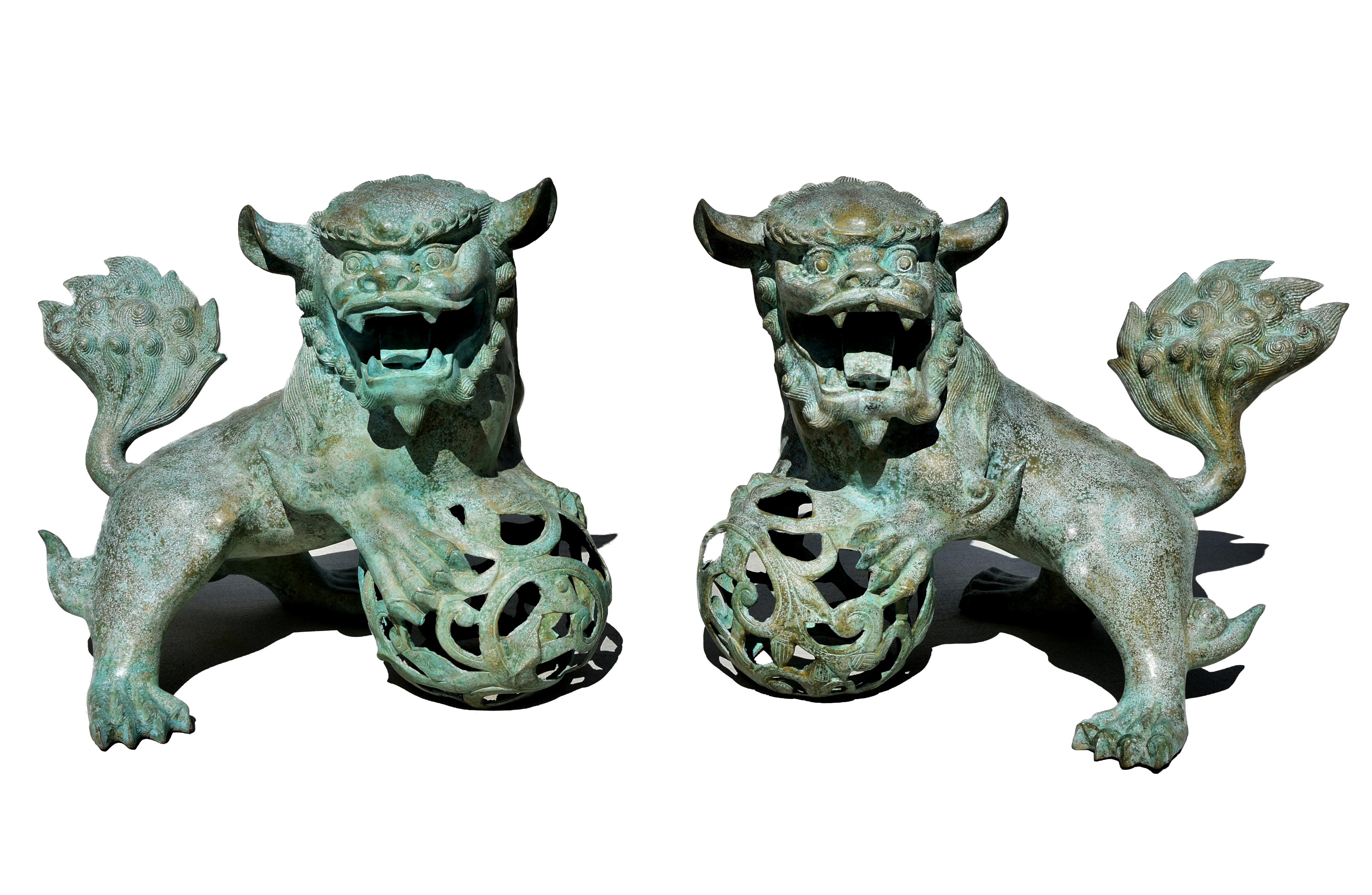 Pair Giant Bronze Foo Dogs Lions 63 Lb For Sale 12