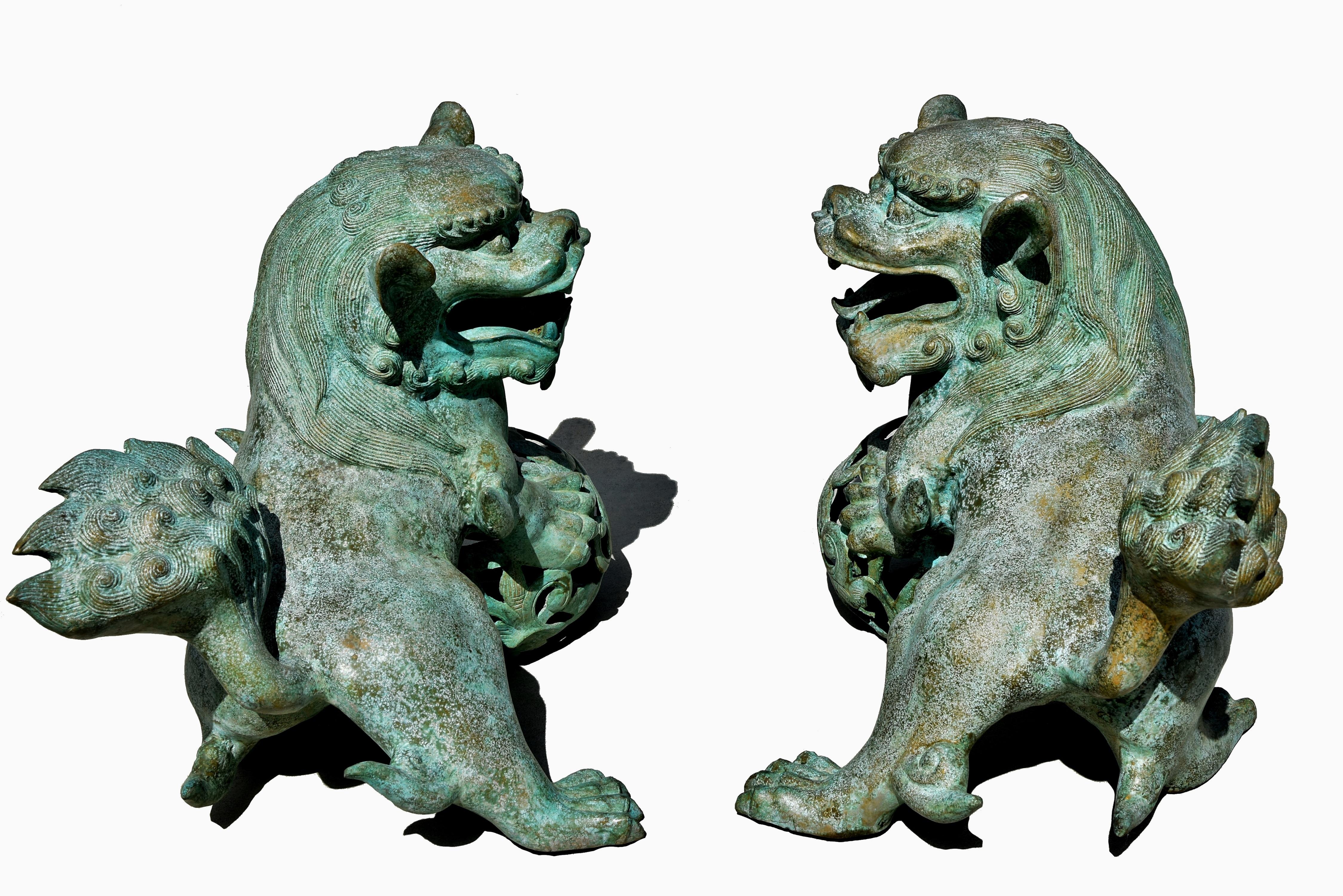 Qing Pair Giant Bronze Foo Dogs Lions 63 Lb For Sale