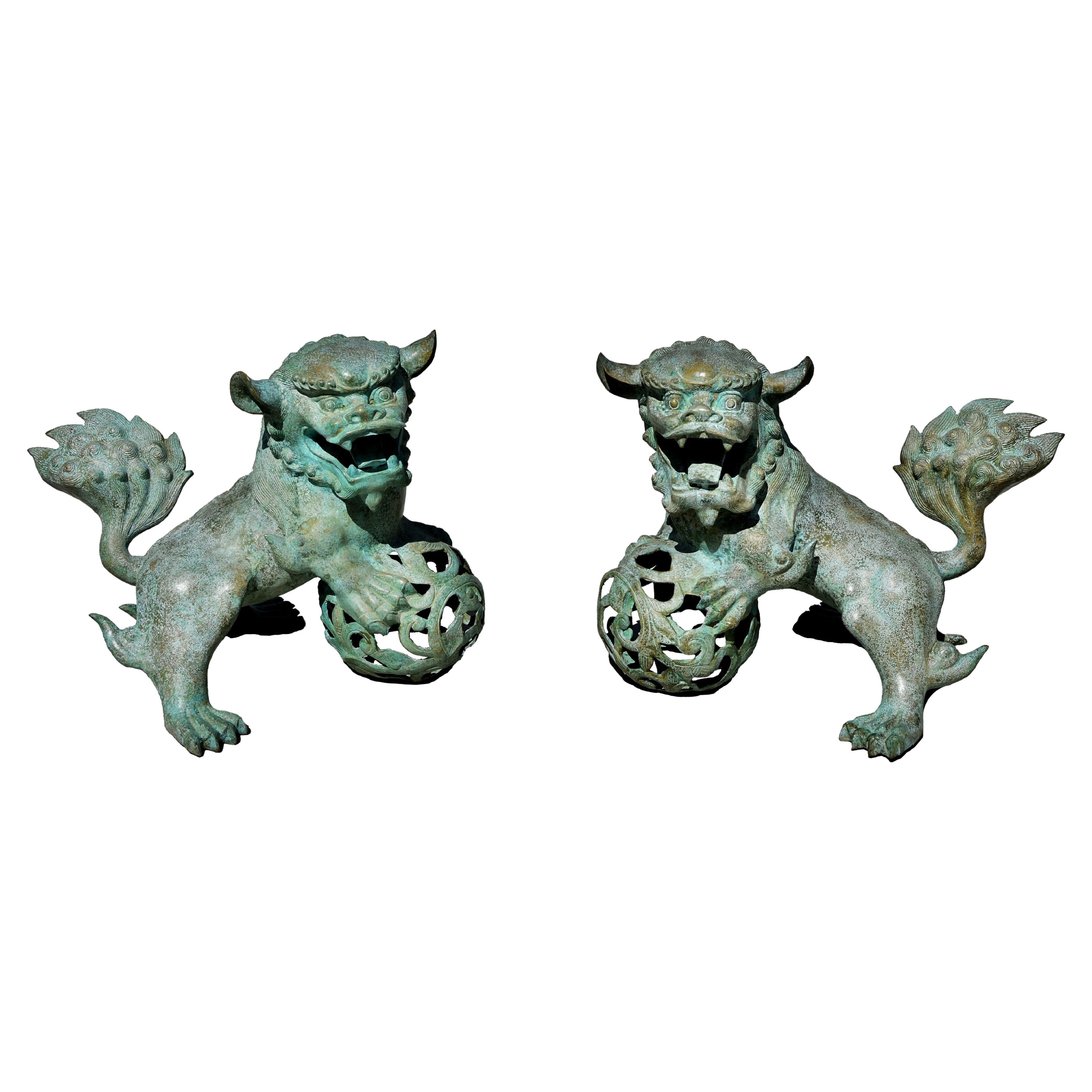 Pair Giant Bronze Foo Dogs Lions 63 Lb For Sale