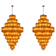 Pair Giant Italian Glass Alabaster Chandeliers, Murano