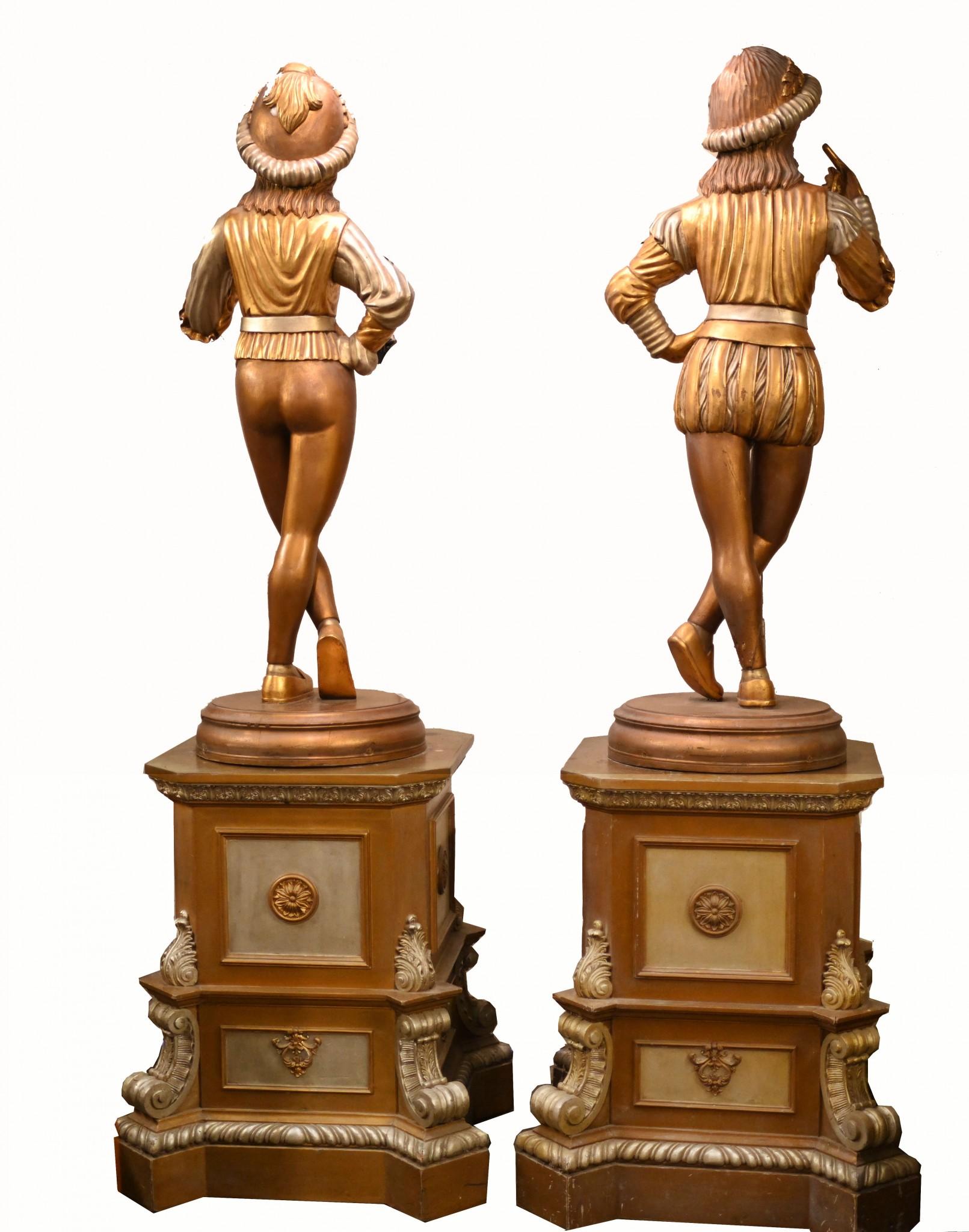 Amazing and unique pair of very large Italian Renaissance page boy statues
Of an architectural quality in the right space or setting these really would be a talking point statement pair
Stand on the classical square pedestal bases
Polychrome painted