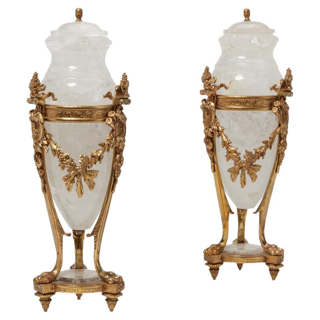 Pair Gild Bronze Mounted Rock Crystal Urns For Sale
