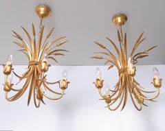 Pair Gilded Brass wheat sheaf chandeliers Italy 1970s