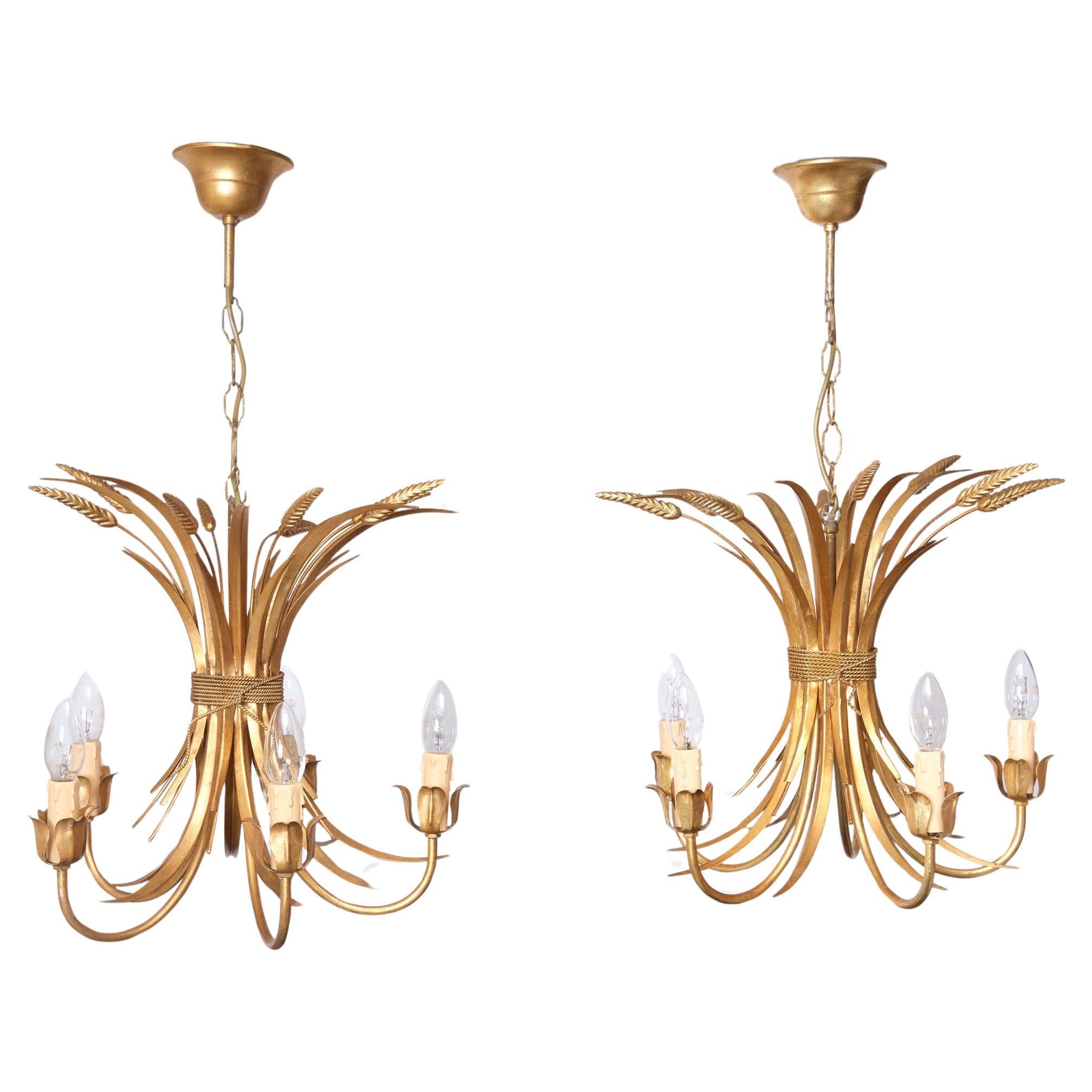 Pair Gilded Brass wheat sheaf chandeliers Italy 1970s  For Sale