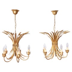 Pair Gilded Brass wheat sheaf chandeliers Italy 1970s 