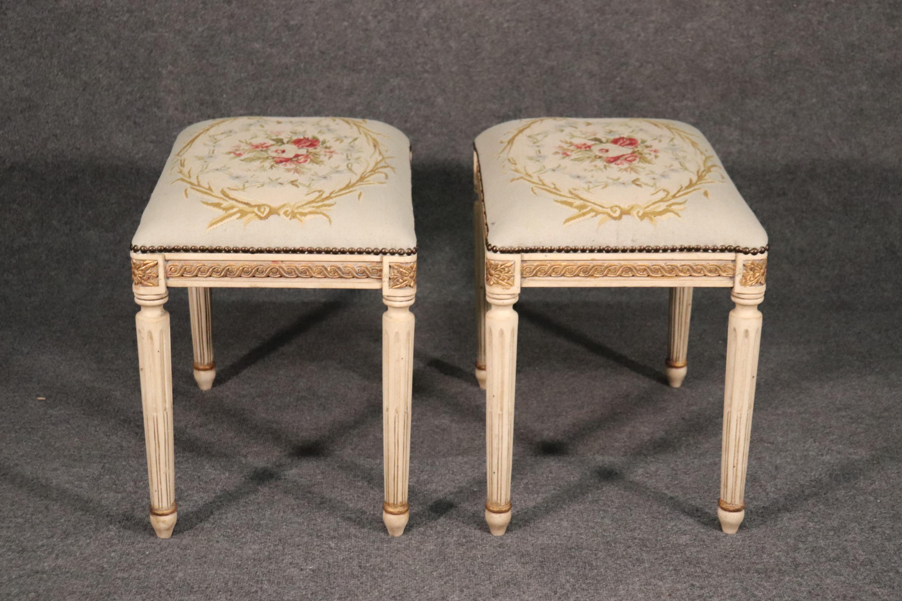 Mid-20th Century Pair of Gilded Carved French Louis XVI Needlepoint Stools Benches, circa 1950s