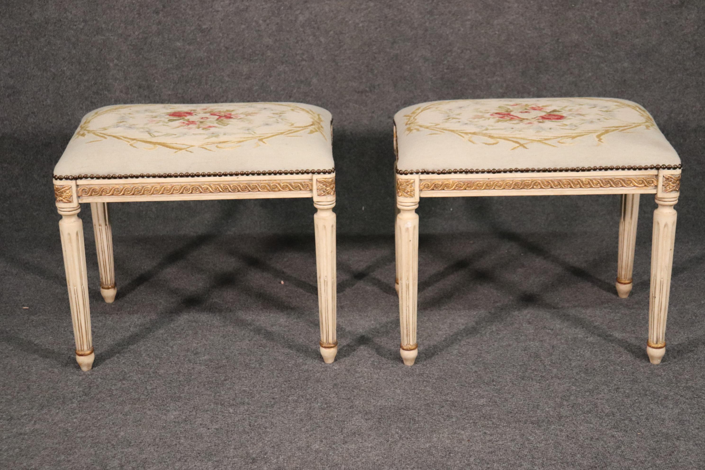 Walnut Pair of Gilded Carved French Louis XVI Needlepoint Stools Benches, circa 1950s
