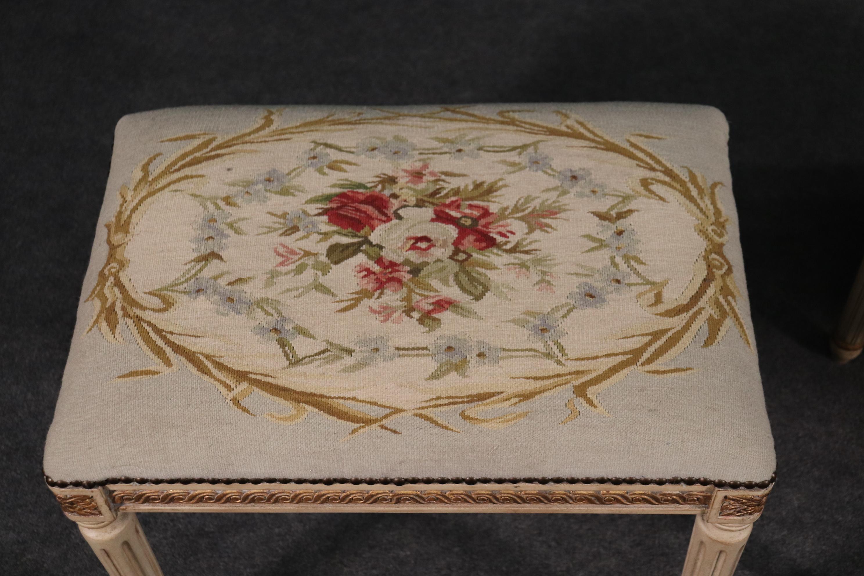 Pair of Gilded Carved French Louis XVI Needlepoint Stools Benches, circa 1950s 1