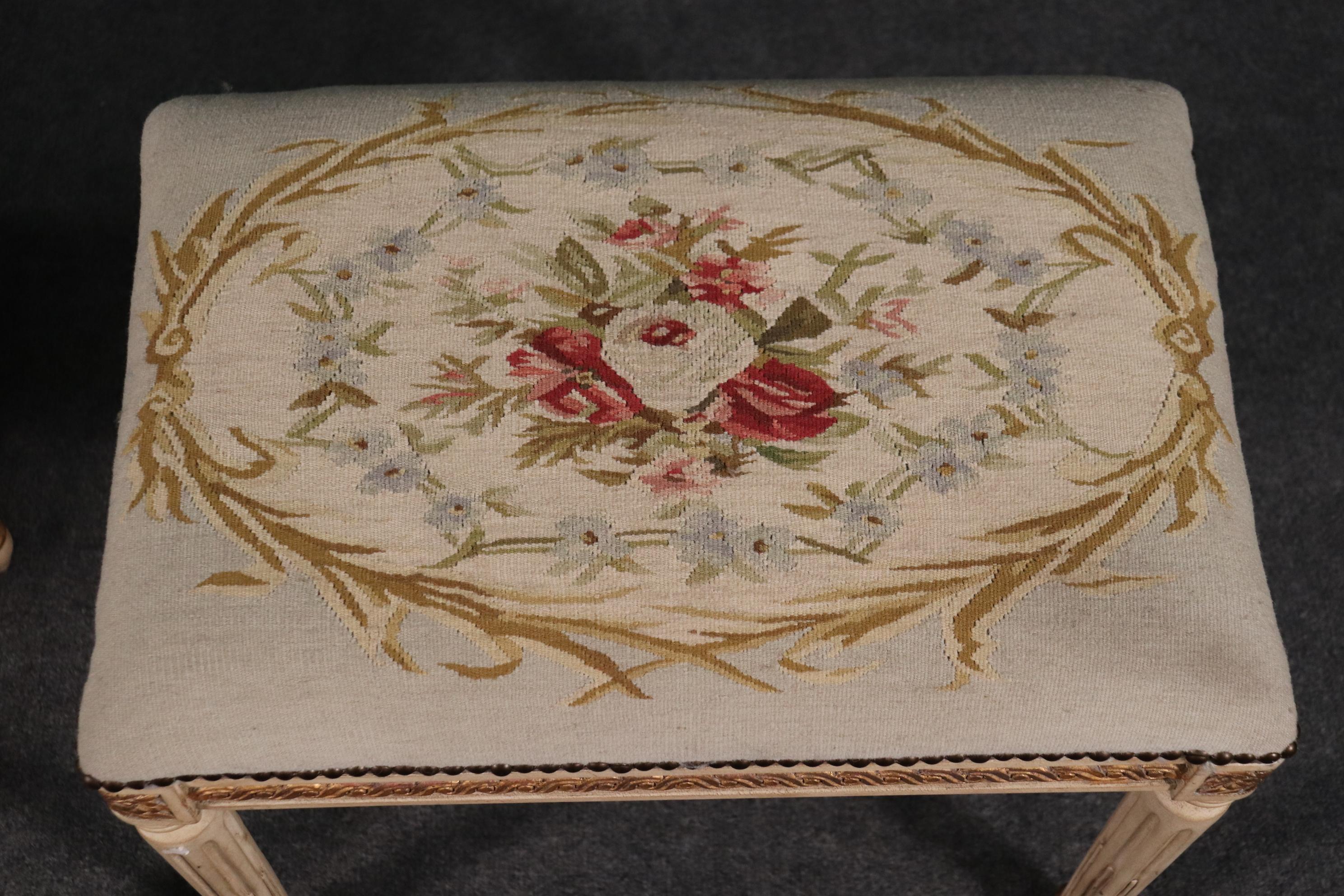 Pair of Gilded Carved French Louis XVI Needlepoint Stools Benches, circa 1950s 2