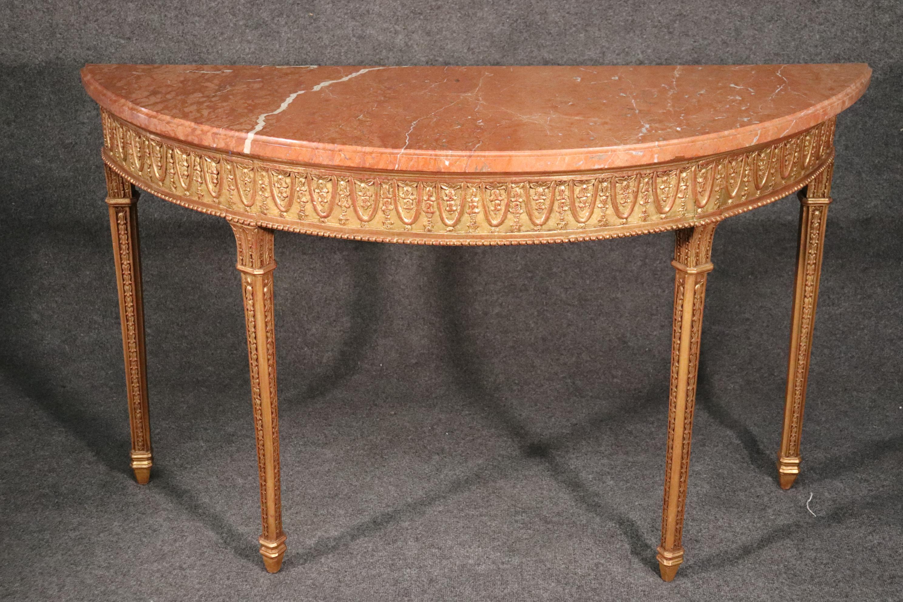 French Pair of Gilded Carved Marble-Top Demilune Louis XVI Console Tables, circa 1950s