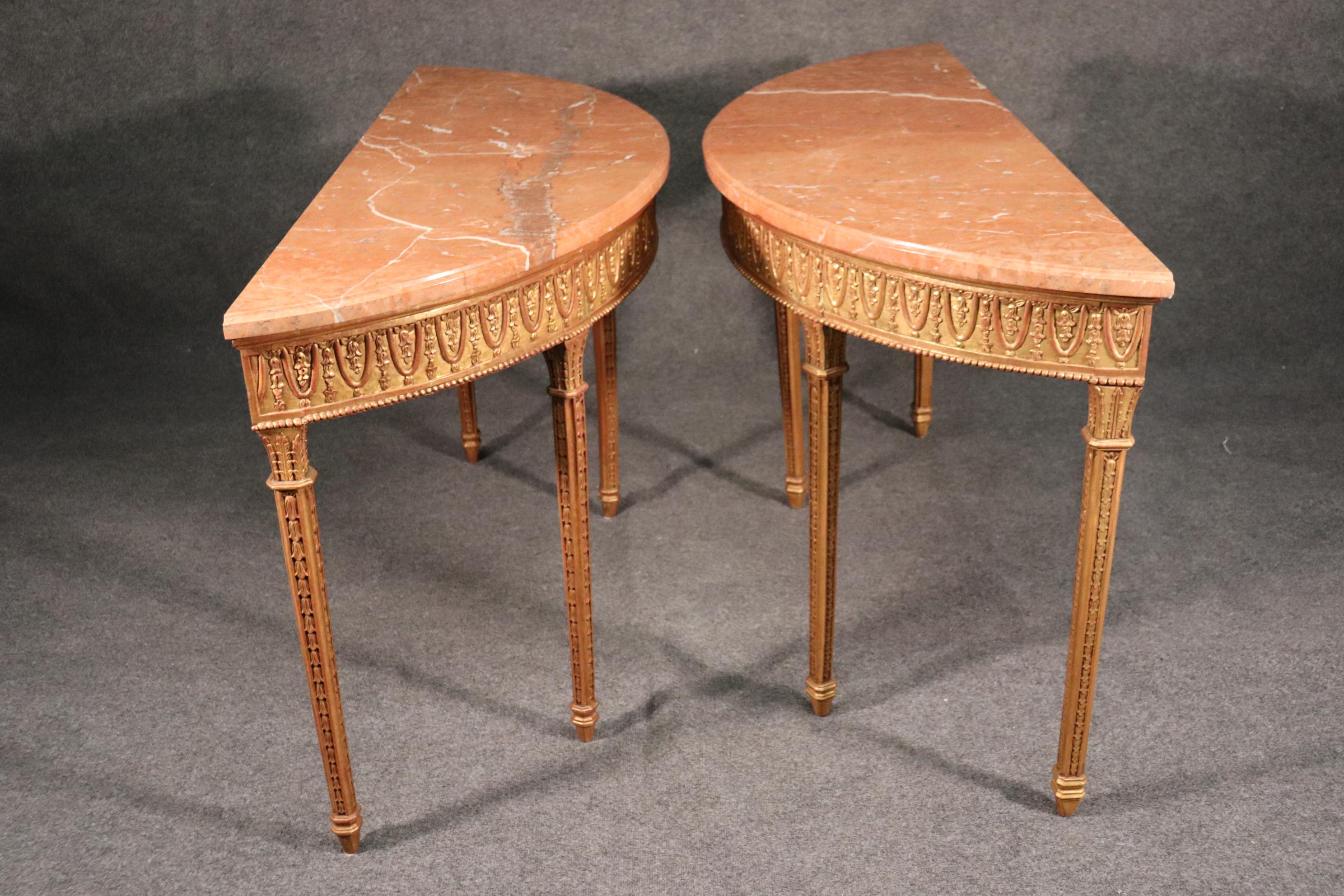 Pair of Gilded Carved Marble-Top Demilune Louis XVI Console Tables, circa 1950s In Good Condition In Swedesboro, NJ