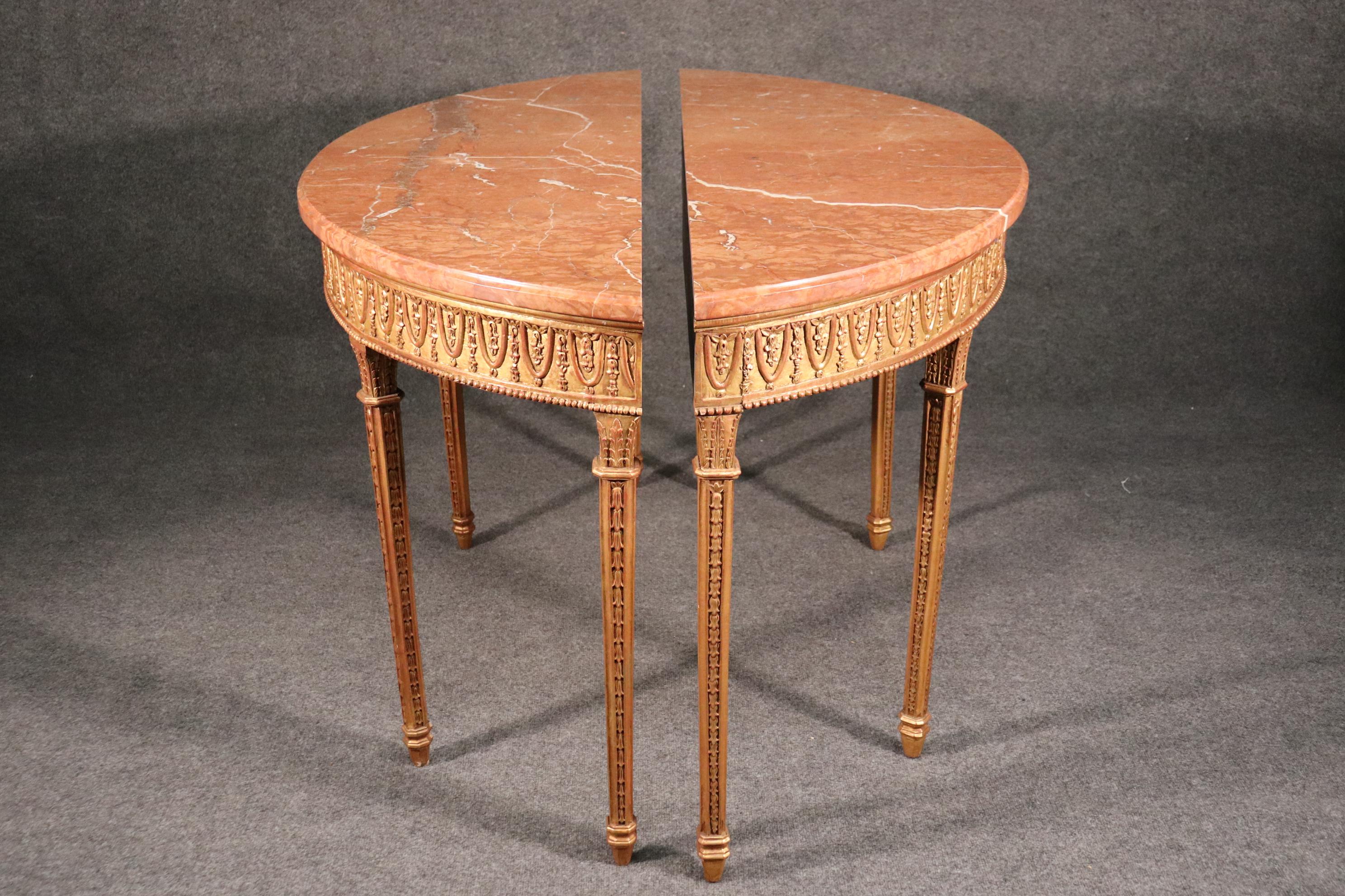 Mid-20th Century Pair of Gilded Carved Marble-Top Demilune Louis XVI Console Tables, circa 1950s