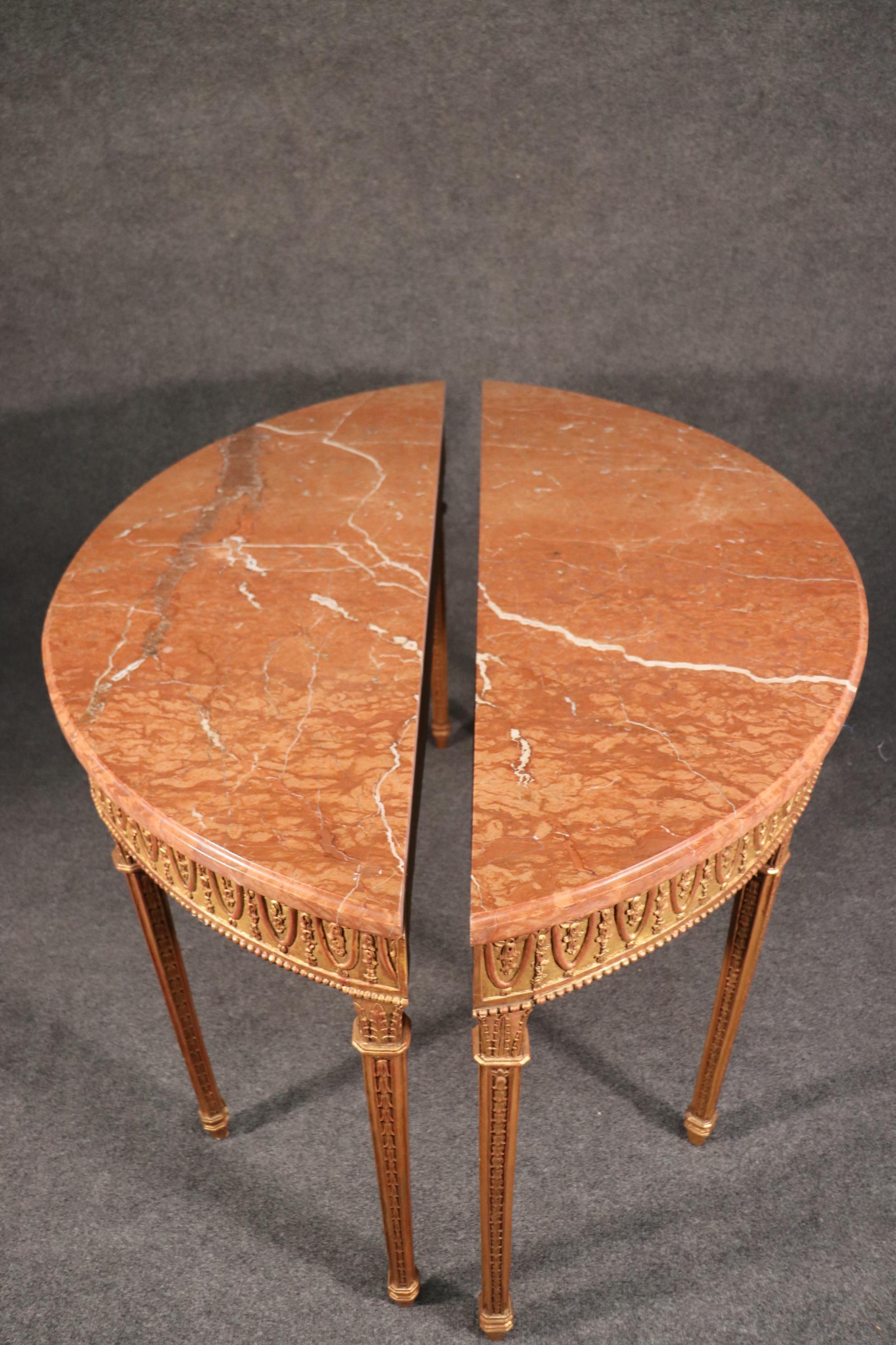 Griotte Marble Pair of Gilded Carved Marble-Top Demilune Louis XVI Console Tables, circa 1950s