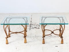 Pair Gilded Hollywood Regency Metal Rope & Tassel Side Tables, 1970s, France