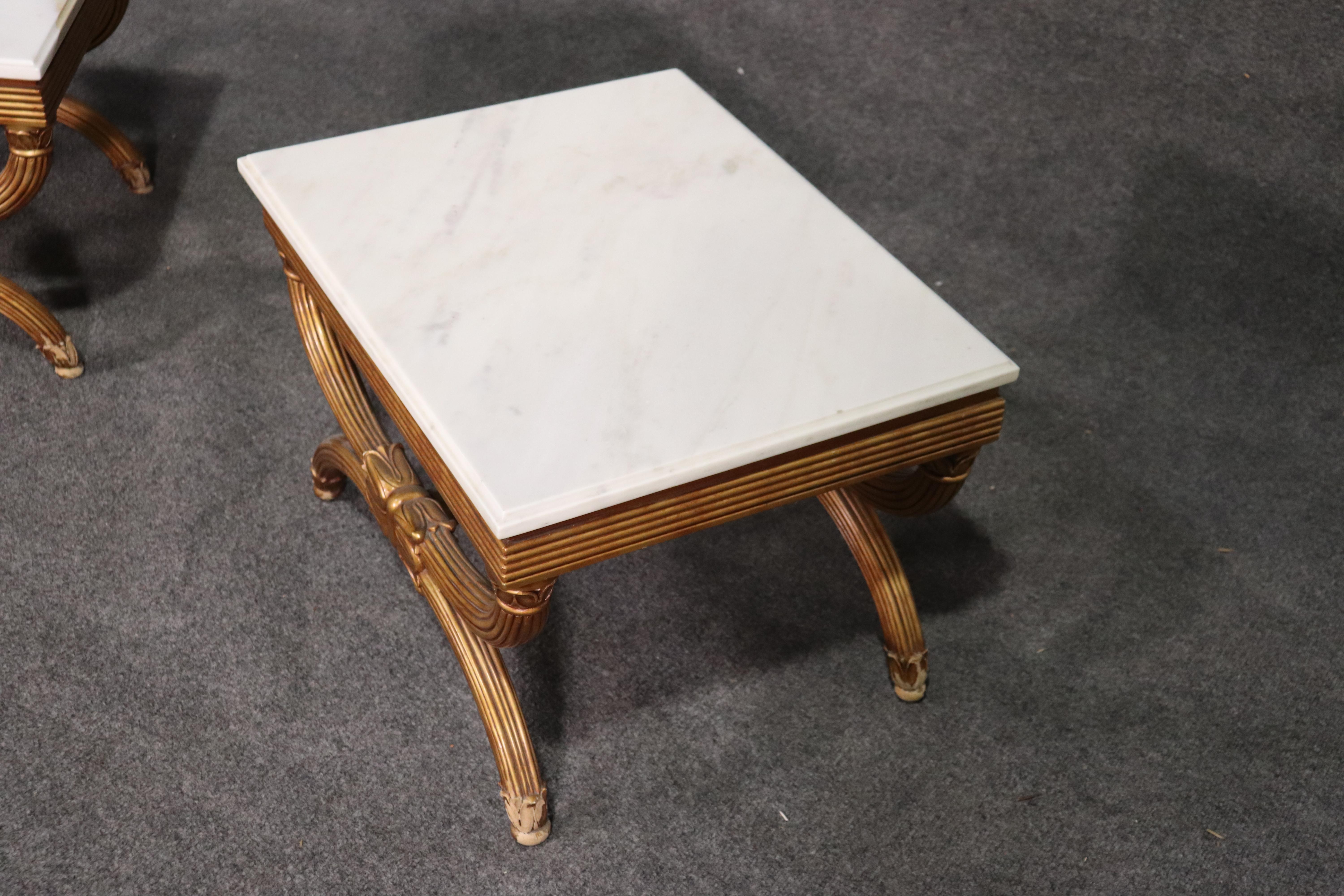 Gilded Marble-Top Low Hollywood Regency End Occasional Tables, circa 1950s, Pair 1