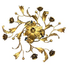 Pair Gilded three Light Leafs Rose Flower Hollywood Regency Flush Mount, Italy